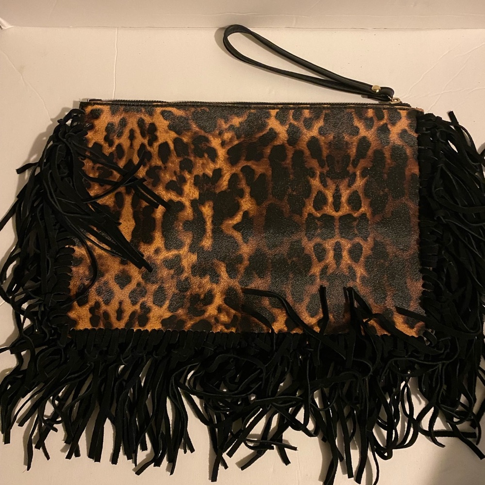 Leopard and fringe clutch